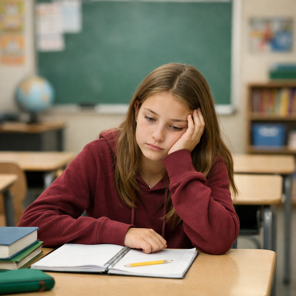 A photo of a girl in school struggling with social stigma on ADHD No kids in the background Make it a normal looking classroom not negative words or t-1