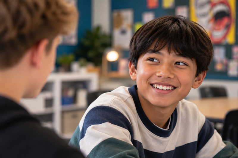 Two students talking at a classroom table.