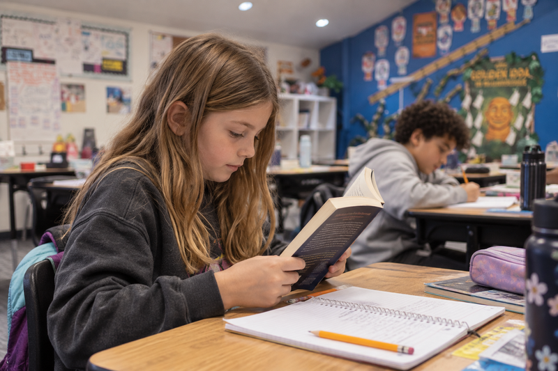 TCS Student reading at desk in class