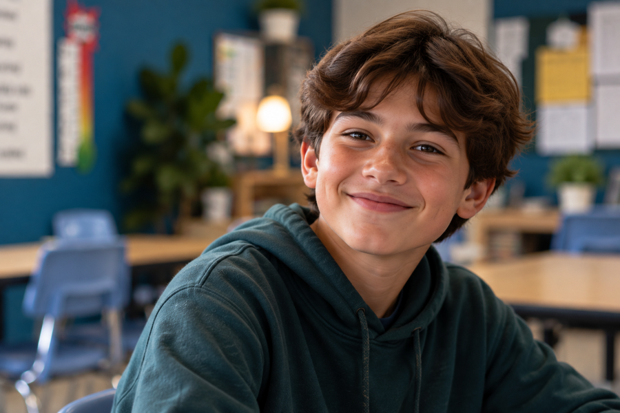 Student smiling at a classroom desk.