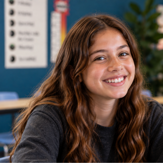 Student smiling toward the camera in a classroom.