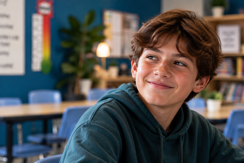 Student smiling and looking to the side in a classroom.