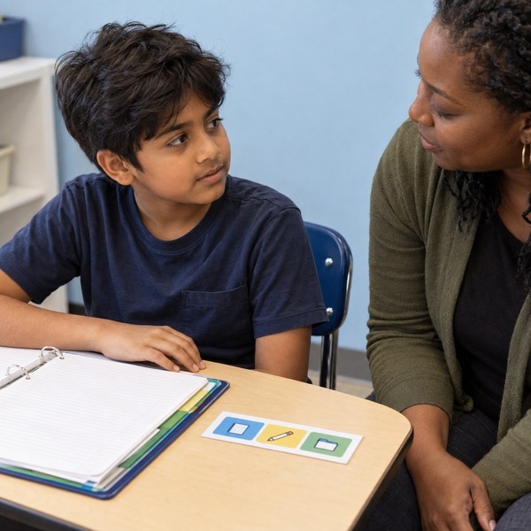 Teacher talking with a student beside an open binder.